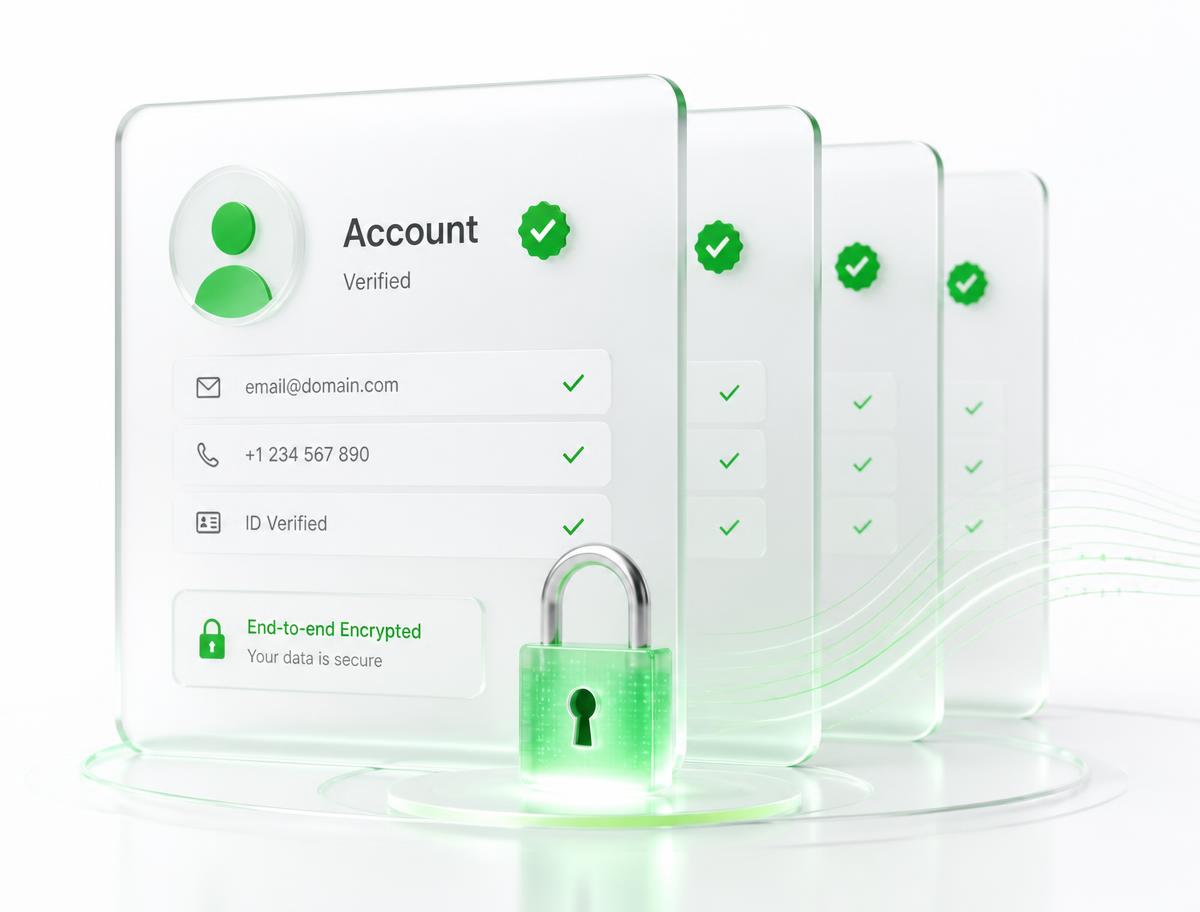 Stack of verified account panels with green verified badges and an encryption lock