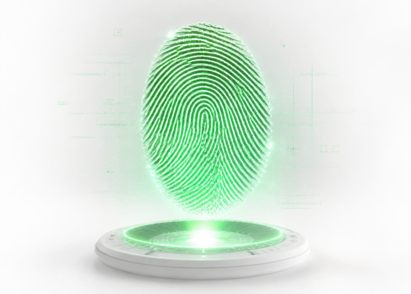 Green holographic fingerprint being scanned for identity verification