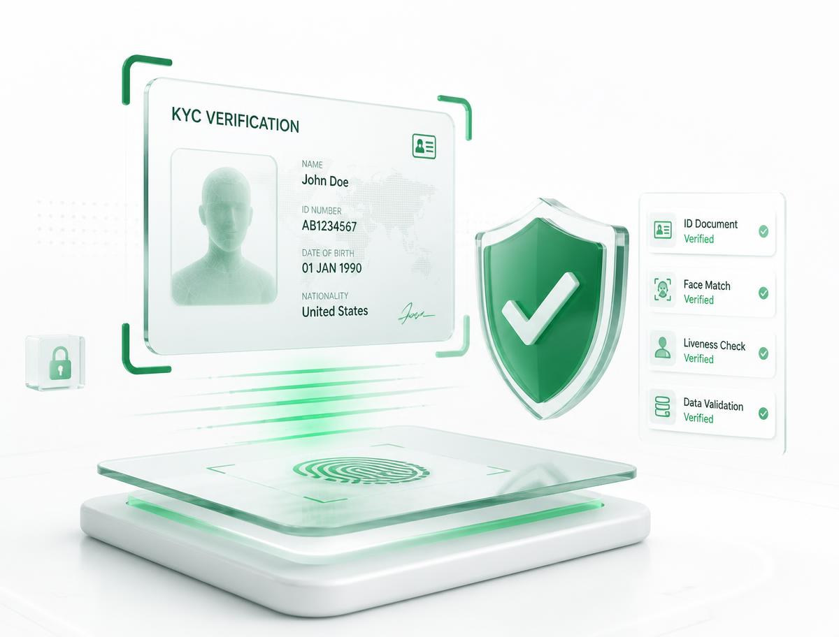 Verified KYC identity card with document, face match, liveness and data validation checks passed